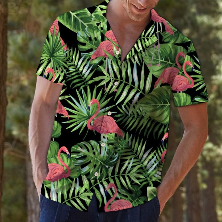 Flamingo Green Tropical Leaves Hawaiian Shirt Summer Button Up Flamingo Green Tropical Leaves Hawaiian Shirt Summer Button Up