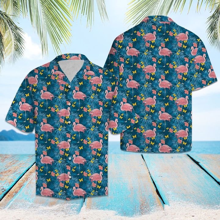 Flamingo Tropical Palm Hawaiian Shirt Summer Button Up Flamingo Tropical Palm Hawaiian Shirt Summer Button Up