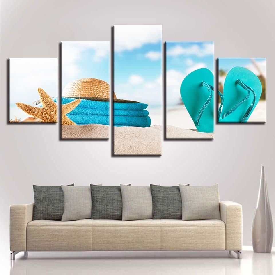 Flip-Flops Sea Star Hat Beach - Space 5 Panel Canvas Art Wall Decor Flip-Flops Sea Star Hat Beach - Space 5 Panel Canvas Art Wall Decor