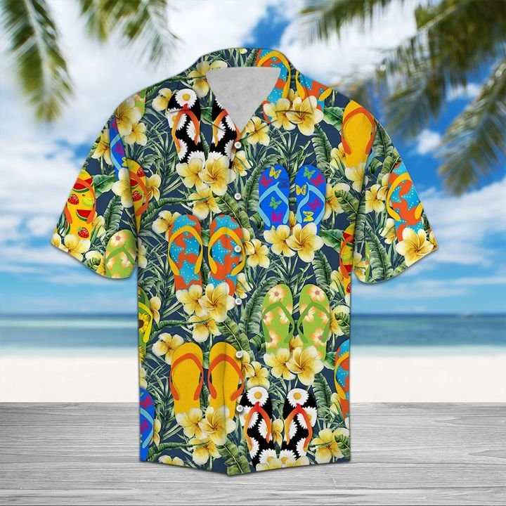 Flipflop And Frangipani Hawaiian Shirt Summer Button Up Flipflop And Frangipani Hawaiian Shirt Summer Button Up
