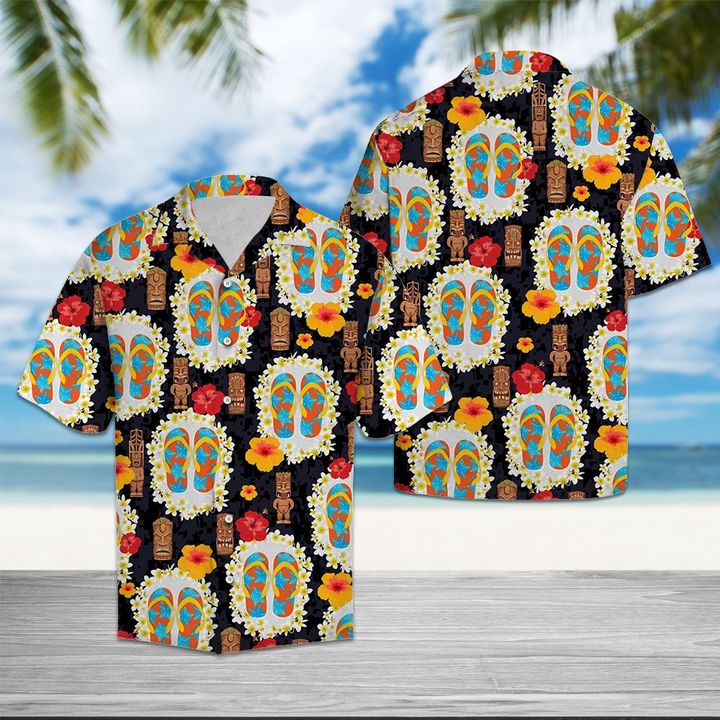 Flipflops Tiki Pattern Hawaiian Shirt Summer Button Up Flipflops Tiki Pattern Hawaiian Shirt Summer Button Up