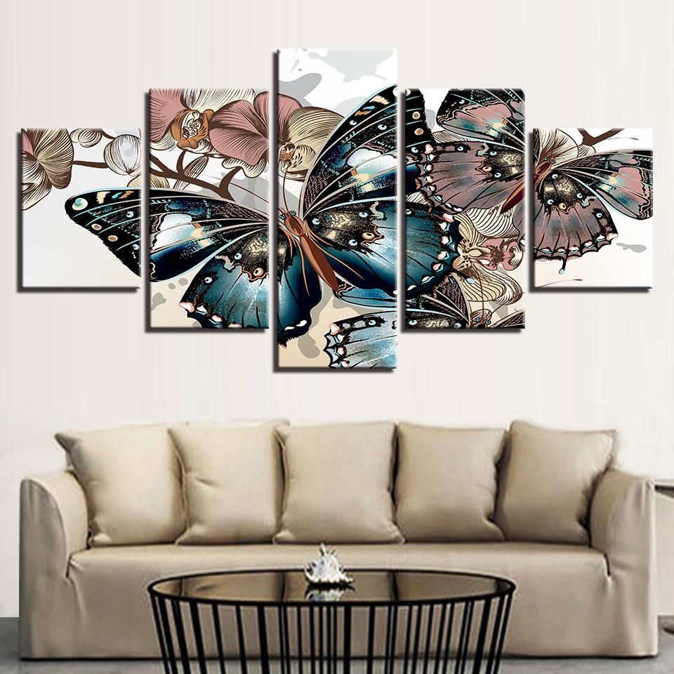 Flower Abstract Floral Butterflies - Abstract Animal 5 Panel Canvas Art Wall Decor Flower Abstract Floral Butterflies - Abstract Animal 5 Panel Canvas Art Wall Decor