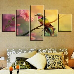 Flower And Parrot Standing On The Branch - Animal 5 Panel Canvas Art Wall Decor