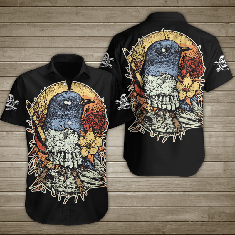 Flower And Raven Human Skull Hawaiian Shirt Summer Button Up Flower And Raven Human Skull Hawaiian Shirt Summer Button Up