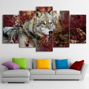 Flower Forest Nature Wolves - Animal 5 Panel Canvas Art Wall Decor