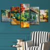 Flower Tree And House - Abstract 5 Panel Canvas Art Wall Decor