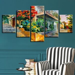 Flower Tree And House - Abstract 5 Panel Canvas Art Wall Decor