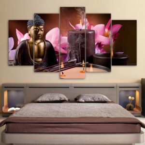 Flower with Buddha Statue 01 - Religion 5 Panel Canvas Art Wall Decor
