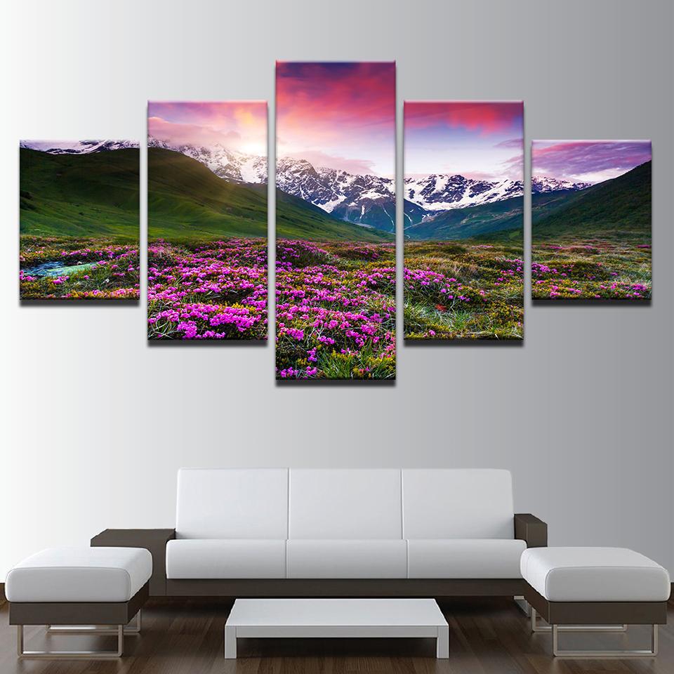 Flowers Snow Mountains And Plains Landscape - Nature 5 Panel Canvas Art Wall Decor Flowers Snow Mountains And Plains Landscape - Nature 5 Panel Canvas Art Wall Decor
