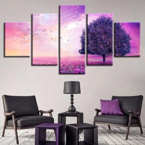 Flowers Trees Bird - Nature 5 Panel Canvas Art Wall Decor