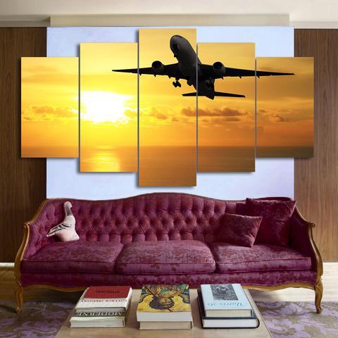 Flying Airplane In Golden Sunset - Airplane 5 Panel Canvas Art Wall Decor Flying Airplane In Golden Sunset - Airplane 5 Panel Canvas Art Wall Decor