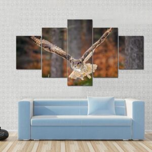Flying Eurasian Eagle Owl In Colorful Winter Forest Wing Span In Fly - Animal 5 Panel Canvas Art Wall Decor