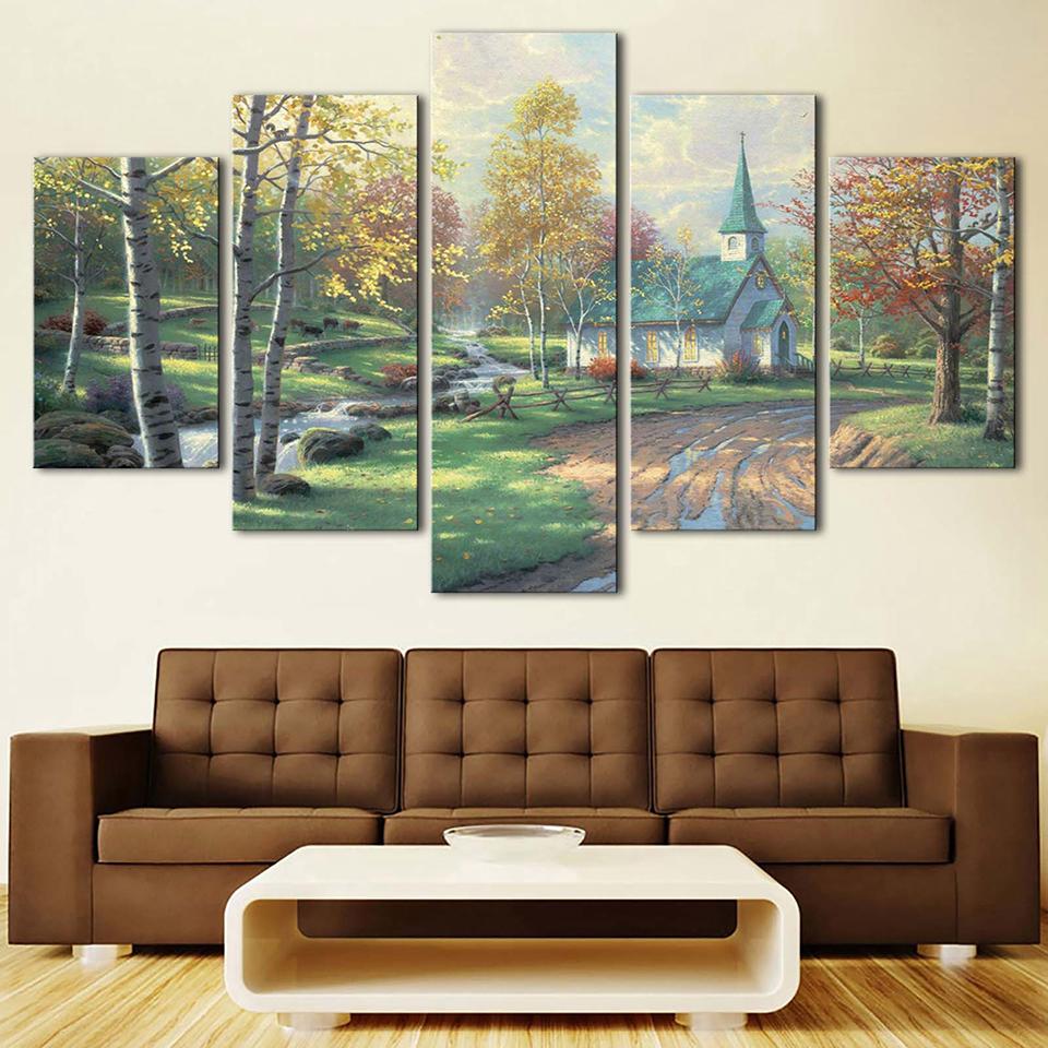 Footpath House Tree - Nature 5 Panel Canvas Art Wall Decor Footpath House Tree - Nature 5 Panel Canvas Art Wall Decor