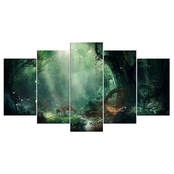 Forest And Deer - Nature 5 Panel Canvas Art Wall Decor Forest And Deer - Nature 5 Panel Canvas Art Wall Decor