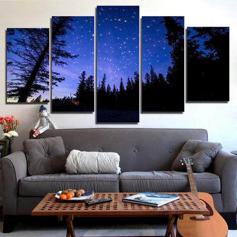 Forest And Purple Starry Sky - Nature 5 Panel Canvas Art Wall Decor Forest And Purple Starry Sky - Nature 5 Panel Canvas Art Wall Decor