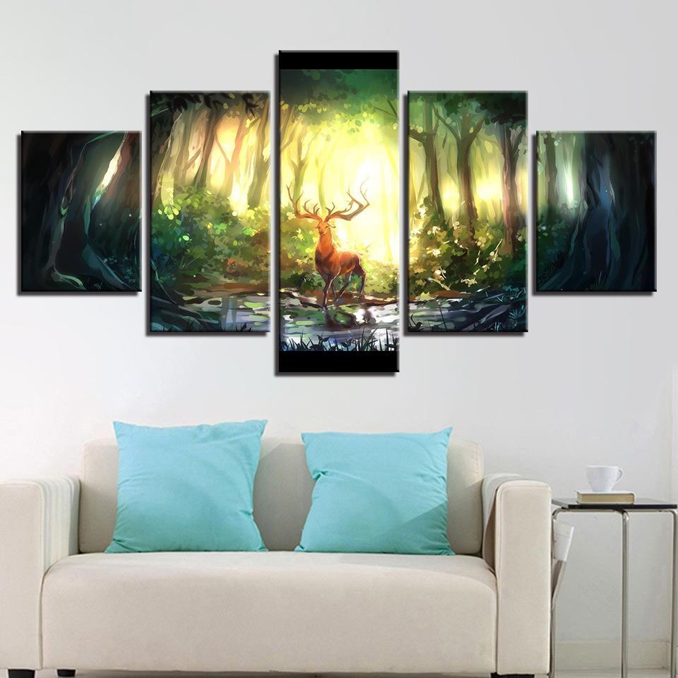 Forest Animal Deer Bucks Abstract Landscape - Animal 5 Panel Canvas Art Wall Decor Forest Animal Deer Bucks Abstract Landscape - Animal 5 Panel Canvas Art Wall Decor