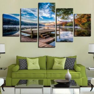 Forest Bridge Stand Lake Early Morning Scenery - Nature 5 Panel Canvas Art Wall Decor