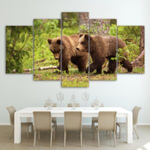 Forest Brown Bears Hunting - Animal 5 Panel Canvas Art Wall Decor