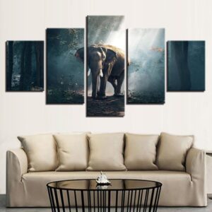 Forest Elephant Wildlife Vintage - Animal 5 Panel Canvas Art Wall Decor
