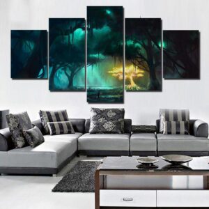 Forest Glow Golden Tree - Nature 5 Panel Canvas Art Wall Decor