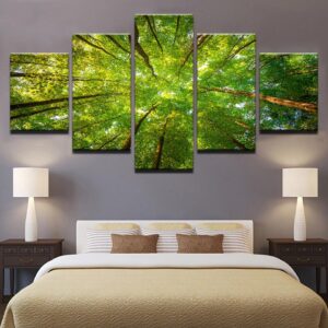 Forest Green Trees Sunshine - Nature 5 Panel Canvas Art Wall Decor