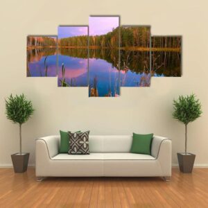 Forest Lake At Amazing Sunrise - Nature 5 Panel Canvas Art Wall Decor