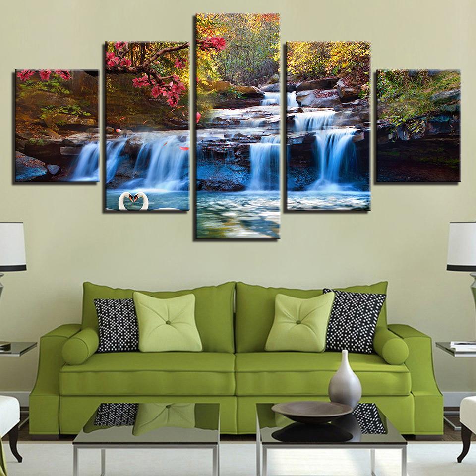 Forest Lake Waterfall Scenery Tree Flower Swan - Nature 5 Panel Canvas Art Wall Decor Forest Lake Waterfall Scenery Tree Flower Swan - Nature 5 Panel Canvas Art Wall Decor
