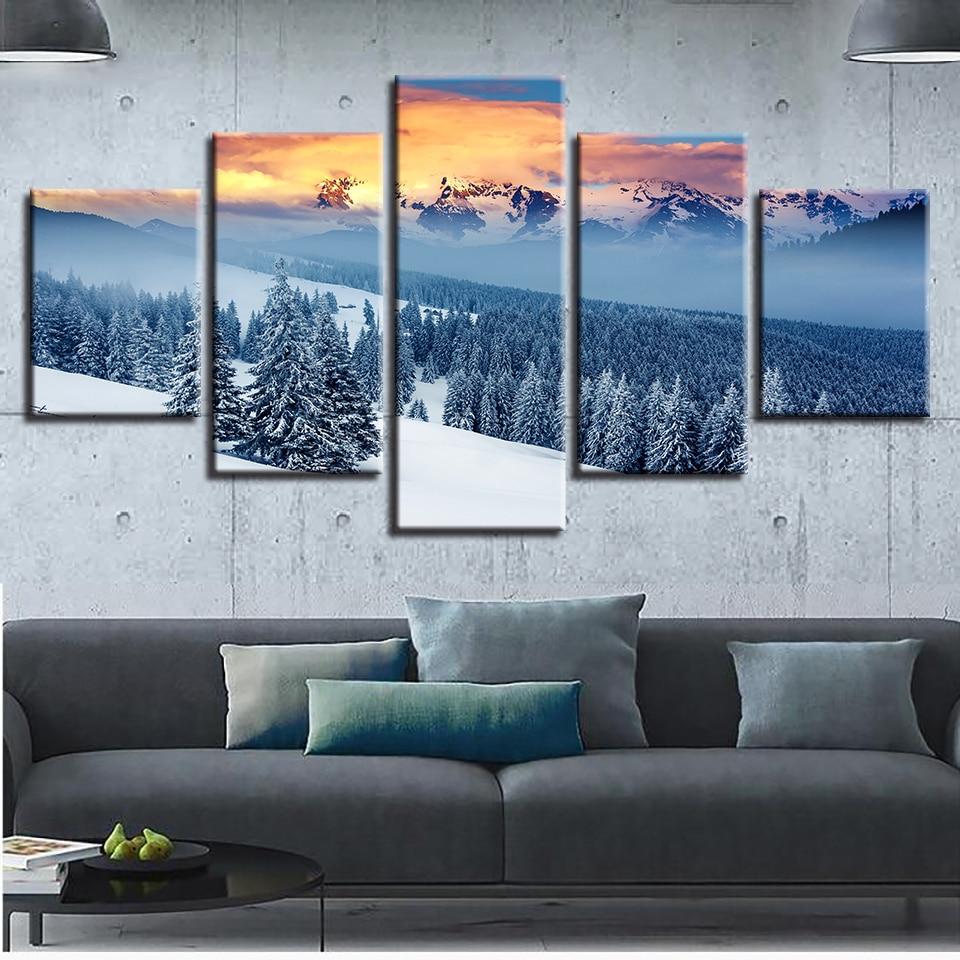 Forest Mountain Sunset Snow - Nature 5 Panel Canvas Art Wall Decor Forest Mountain Sunset Snow - Nature 5 Panel Canvas Art Wall Decor