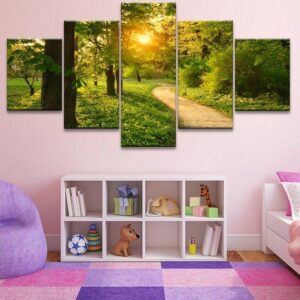 Forest Path Way Trees Landscape - Nature 5 Panel Canvas Art Wall Decor