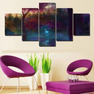 Forest Stream Glow Deer - Abstract Animal 5 Panel Canvas Art Wall Decor