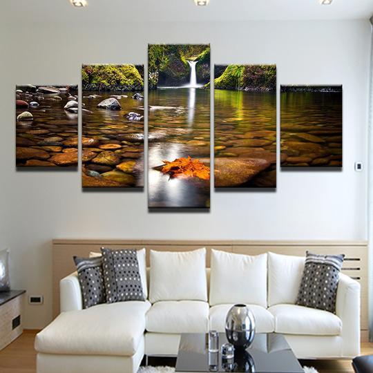 Forest Stream Waterfall 1 - Nature 5 Panel Canvas Art Wall Decor Forest Stream Waterfall 1 - Nature 5 Panel Canvas Art Wall Decor