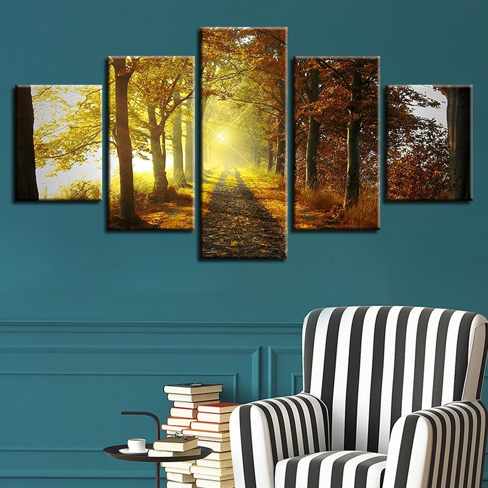 Forest Trail Sunshine - Nature 5 Panel Canvas Art Wall Decor Forest Trail Sunshine - Nature 5 Panel Canvas Art Wall Decor