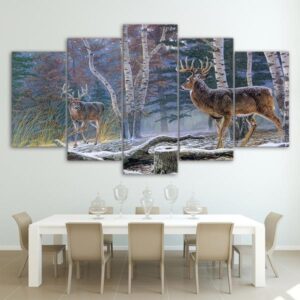 Forest Trees With Two Antelope Deer - Animal 5 Panel Canvas Art Wall Decor