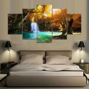 Forest Waterfall - Nature 5 Panel Canvas Art Wall Decor
