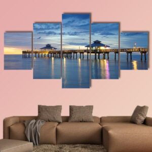 Fort Myers Pier At Sunset In Florida - Nature 5 Panel Canvas Art Wall Decor