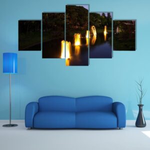 Fountain In Garden At Night Time 1 - Nature 5 Panel Canvas Art Wall Decor