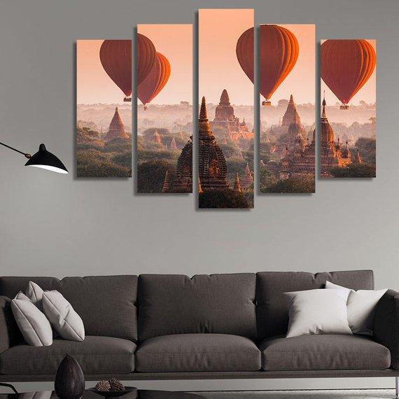 Four Air Balloons Over Buddhist Temples At Sunrise - Nature 5 Panel Canvas Art Wall Decor Four Air Balloons Over Buddhist Temples At Sunrise - Nature 5 Panel Canvas Art Wall Decor