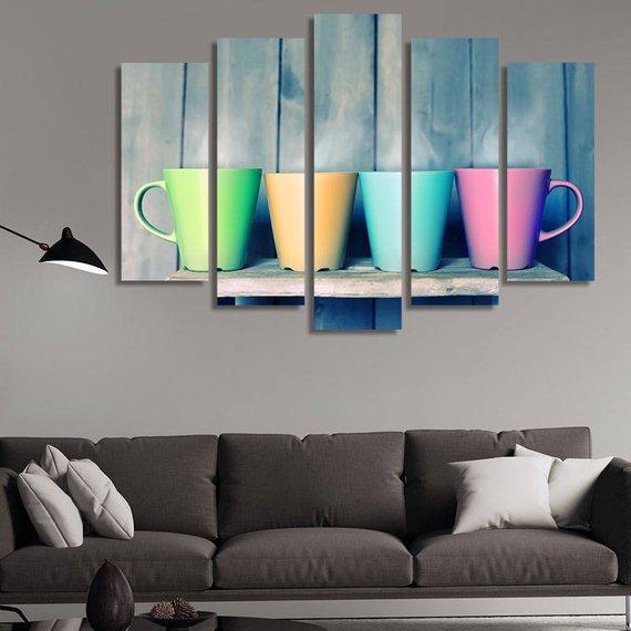 Four Color Cups - Abstract 5 Panel Canvas Art Wall Decor Four Color Cups - Abstract 5 Panel Canvas Art Wall Decor