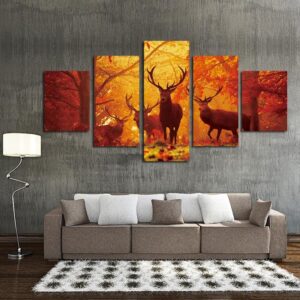 Four Deers Standing Before The Woods - Animal 5 Panel Canvas Art Wall Decor