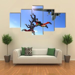 Four Parachutists Jumping Out Of An Airplane - Sport 5 Panel Canvas Art Wall Decor