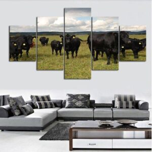 Free Range Black Angus - Animal 5 Panel Canvas Art Wall Decor