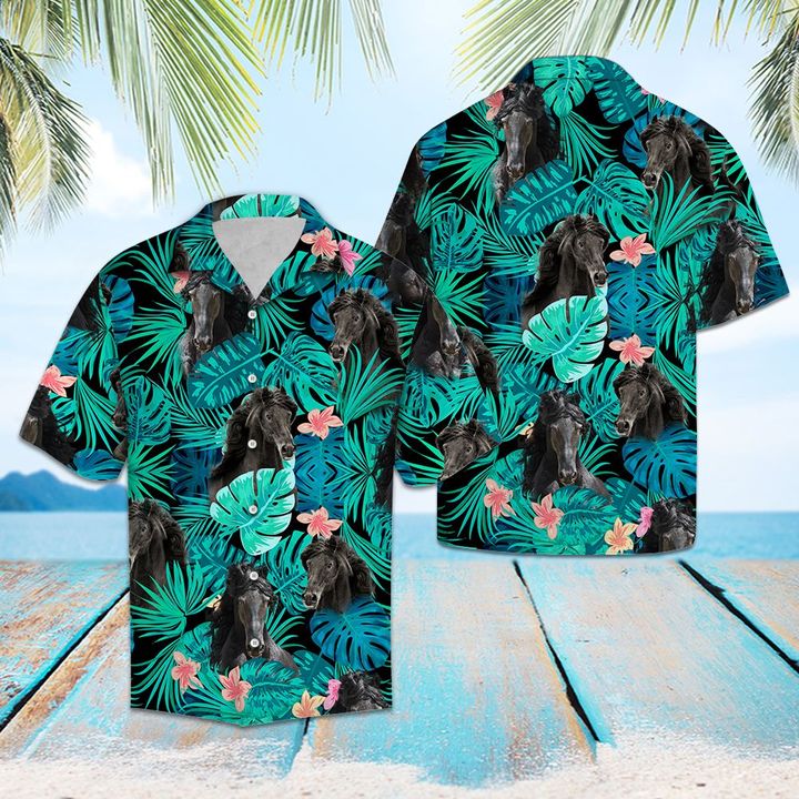 Friesian Horse Green Tropical Hawaiian Shirt Summer Button Up Friesian Horse Green Tropical Hawaiian Shirt Summer Button Up