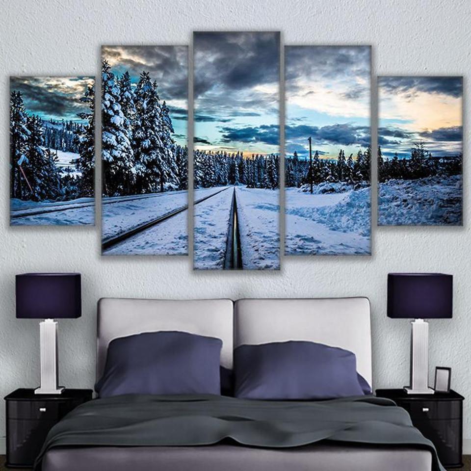 Frozen Train Tracks Snow Scene - Nature 5 Panel Canvas Art Wall Decor Frozen Train Tracks Snow Scene - Nature 5 Panel Canvas Art Wall Decor