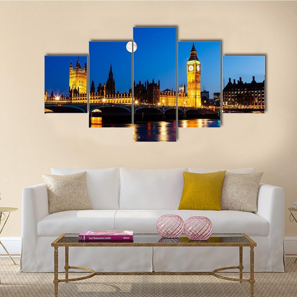 Full Moon Above Big Ben And House Of Parliament In London - Nature 5 Panel Canvas Art Wall Decor Full Moon Above Big Ben And House Of Parliament In London - Nature 5 Panel Canvas Art Wall Decor