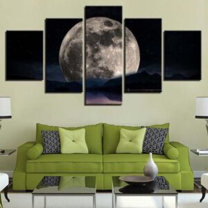 Full Moon Over The Lake - Nature 5 Panel Canvas Art Wall Decor