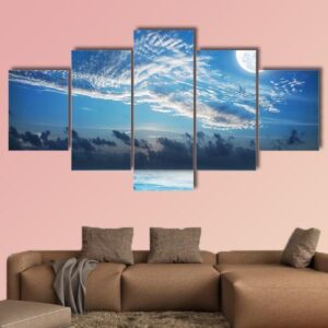 Full Moon Over The Tropical Bay - Nature 5 Panel Canvas Art Wall Decor