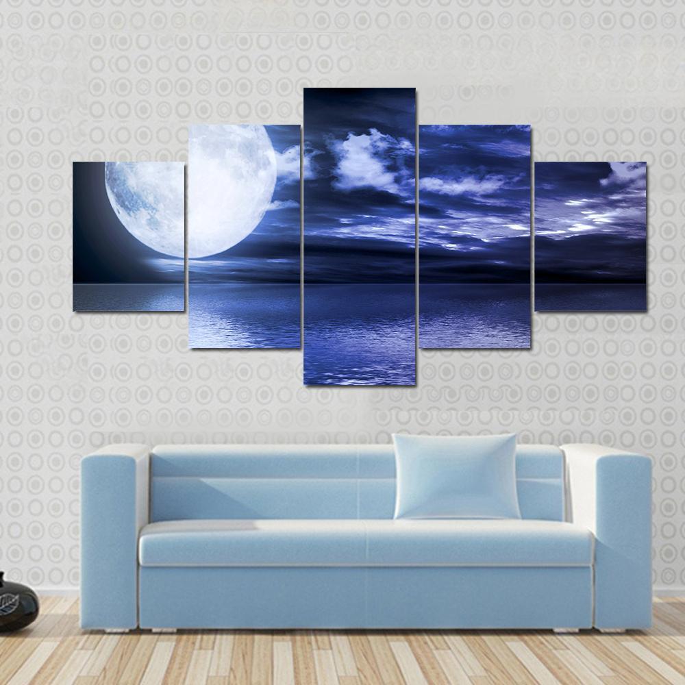Full Moon Reflection In Water - Nature 5 Panel Canvas Art Wall Decor Full Moon Reflection In Water - Nature 5 Panel Canvas Art Wall Decor