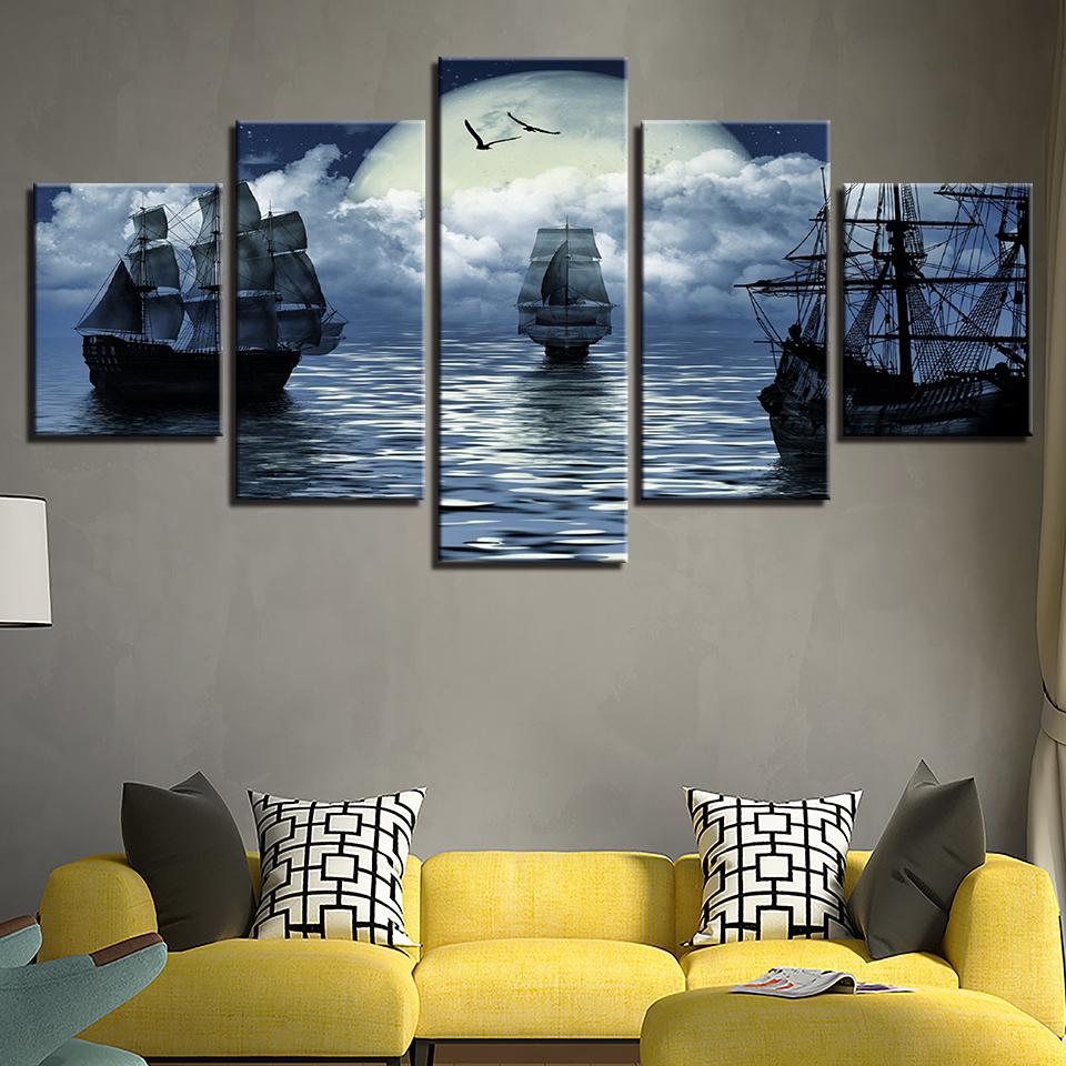 Full Moon Sailing Boat - Nature 5 Panel Canvas Art Wall Decor Full Moon Sailing Boat - Nature 5 Panel Canvas Art Wall Decor