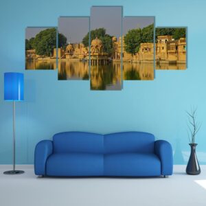Gadsisar Lake With Ancient Hindu Temples - Nature 5 Panel Canvas Art Wall Decor