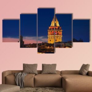 Galata Tower In Istanbul Turkey - Nature 5 Panel Canvas Art Wall Decor